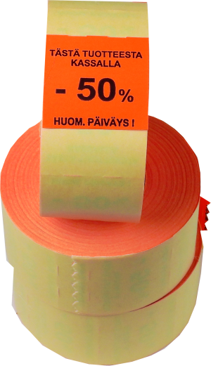 Label, discount -50% red "HUOM PÄIVÄYS!"
